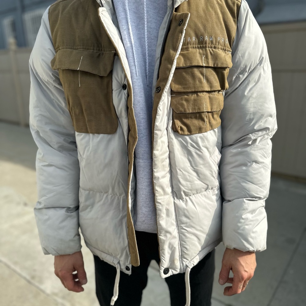 G-Star Men's Attac Utility PM White and Tan Puffer Jacket - Medium